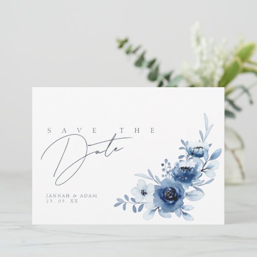 Elegant Royal Blue Rozen Bloemenbruiloft Save The Date (Staand voorkant)