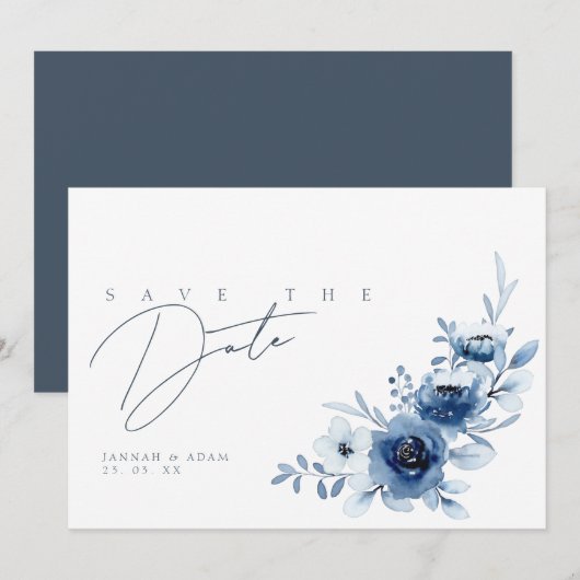 Elegant Royal Blue Rozen Bloemenbruiloft Save The Date (Voorkant / Achterkant)