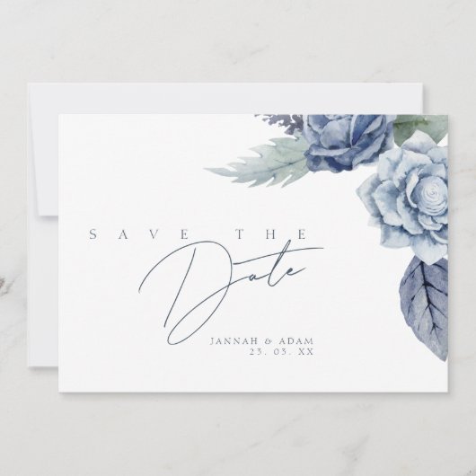Elegant Royal Blue Rozen Bloemenbruiloft Save The Date (Voorkant)