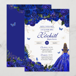 Elegant Royal Blue Rozen Butterfly Quinceañera Inv Kaart
