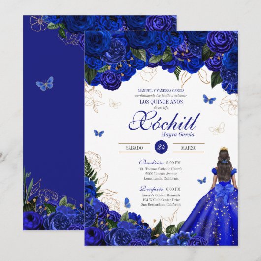 Elegant Royal Blue Rozen Butterfly Quinceañera Kaart (Voorkant / Achterkant)
