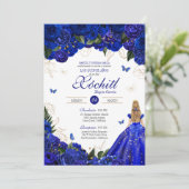 Elegant Royal Blue Rozen Butterfly Quinceañera Kaart (Staand voorkant)