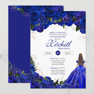 Elegant Royal Blue Rozen Floral Quinceañera Invita Kaart