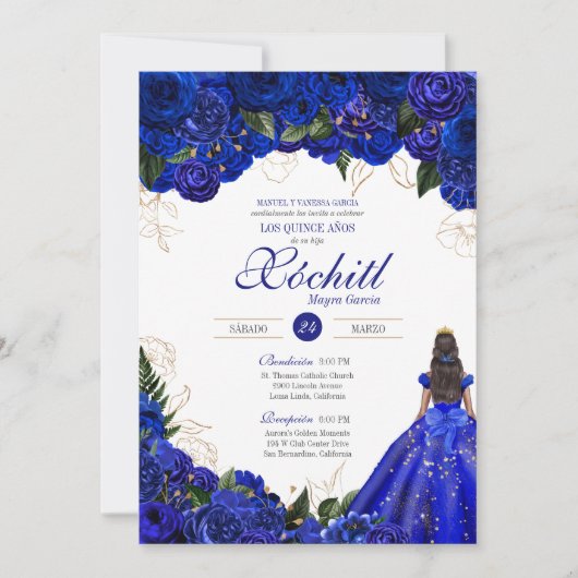 Elegant Royal Blue Rozen Floral Quinceañera Kaart (Voorkant)