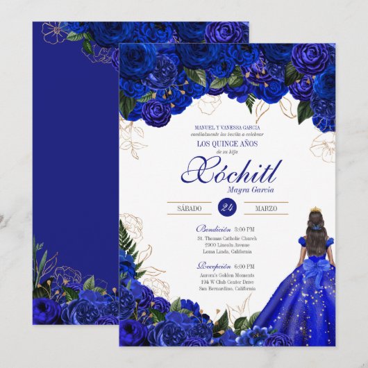 Elegant Royal Blue Rozen Floral Quinceañera Kaart (Voorkant / Achterkant)