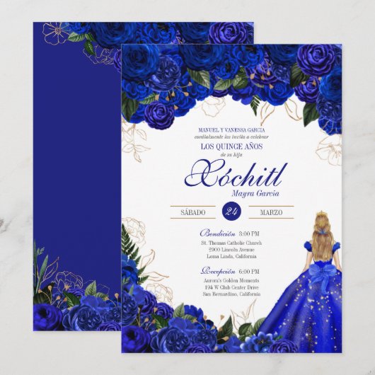 Elegant Royal Blue Rozen Floral Quinceañera Kaart (Voorkant / Achterkant)