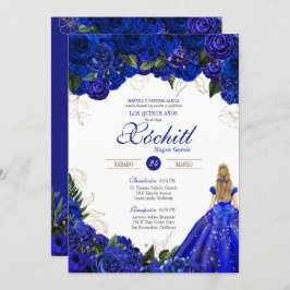 Elegant Royal Blue Rozen Floral Quinceañera Kaart