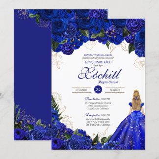 Elegant Royal Blue Rozen Floral Quinceañera Kaart