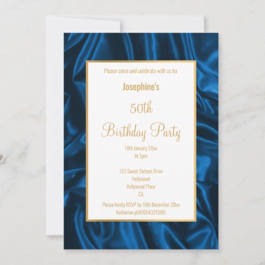 ELEGANT ROYAL BLUE SATIN BIRTHDAY INVITATIE KAART (Voorkant)