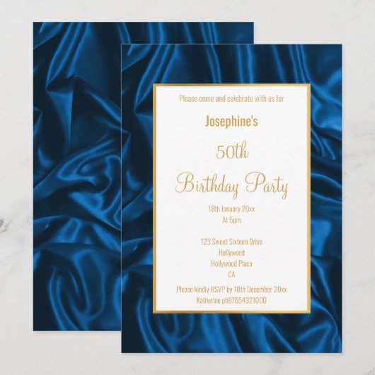 ELEGANT ROYAL BLUE SATIN BIRTHDAY INVITATIE KAART (Voorkant / Achterkant)