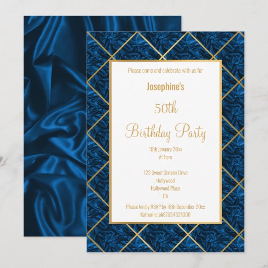 ELEGANT ROYAL BLUE SATIN GOLD BIRTHDAY INVITATIE KAART (Voorkant / Achterkant)