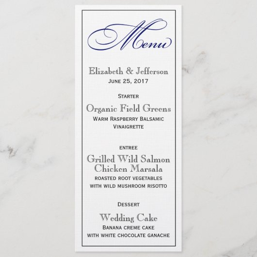 Elegant Royal Blue Script Wedding Menu Kaart (Voorkant)