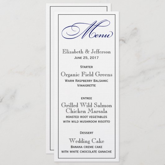 Elegant Royal Blue Script Wedding Menu Kaart (Voorkant / Achterkant)