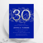 Elegant Royal Blue Silver 30e verjaardag Kaart<br><div class="desc">Elegant koningsblauw zilver 30e verjaardag feestuitnodiging.  modern vrouwelijk design met rozen botanische accenten en faux glitter silver. Eenvoudige bloemenuitnodigingskaart perfect voor een stijlvol vrouwen dagfeest. Personaliseer met je eigen gegevens. Gedrukte Zazzle-uitnodigingen of direct download digitale afdrukbare sjabloon.</div>