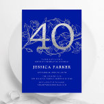 Elegant Royal Blue Silver 40e verjaardag Kaart<br><div class="desc">Elegant koningsblauw zilver 40e verjaardag feestuitnodiging.  modern vrouwelijk design met rozen botanische accenten en faux glitter silver. Eenvoudige bloemenuitnodigingskaart perfect voor een stijlvol vrouwen dagfeest. Personaliseer met je eigen gegevens. Gedrukte Zazzle-uitnodigingen of direct download digitale afdrukbare sjabloon.</div>