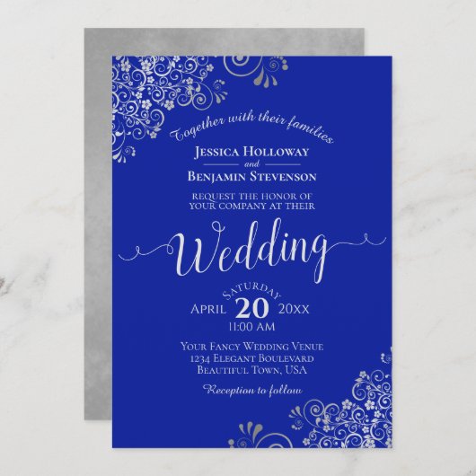 Elegant Royal Blue & Silver Calligraphy Wedding Kaart (Voorkant / Achterkant)