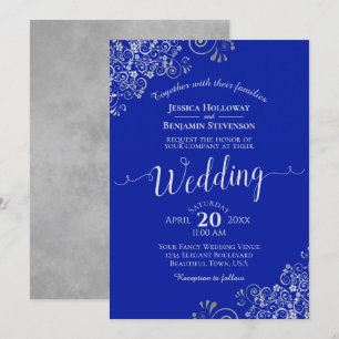 Elegant Royal Blue & Silver Calligraphy Wedding Kaart