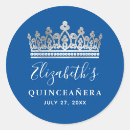 Elegant Royal Blue Silver Crown Quinceanera Ronde Sticker