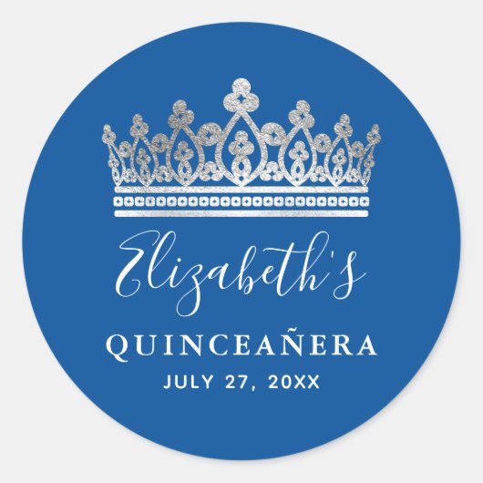 Elegant Royal Blue Silver Crown Quinceanera Ronde Sticker (Voorkant)