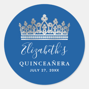Elegant Royal Blue Silver Crown Quinceanera Ronde Sticker
