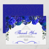 Elegant Royal Blue Silver Floral Quinceanera Bedankkaart (Voorkant / Achterkant)