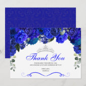 Elegant Royal Blue Silver Floral Quinceanera Bedankkaart (Voorkant / Achterkant)