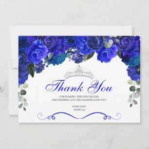 Elegant Royal Blue Silver Floral Quinceanera Bedankkaart