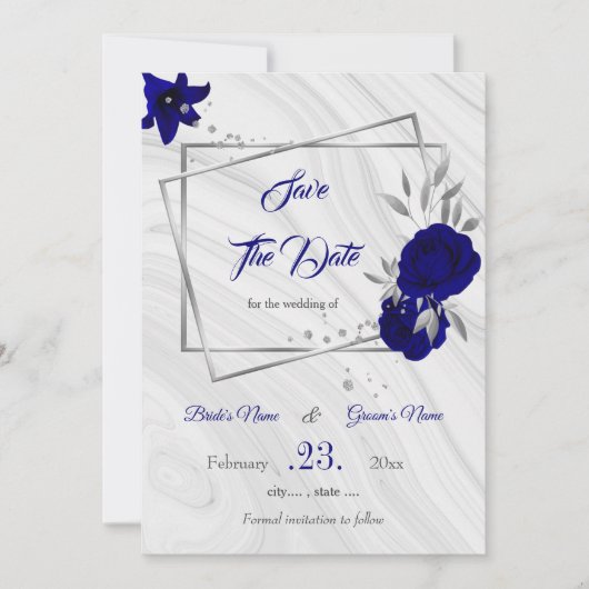 Elegant Royal Blue Silver Grey Geometrisch Save th Save The Date (Voorkant)