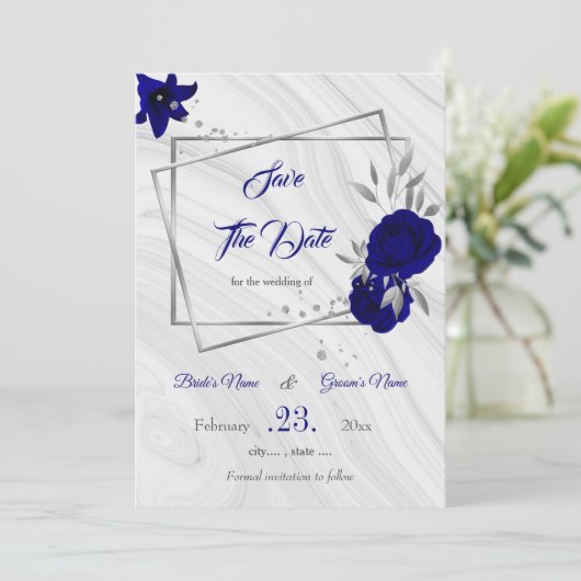 Elegant Royal Blue Silver Grey Geometrisch Save th Save The Date (Staand voorkant)