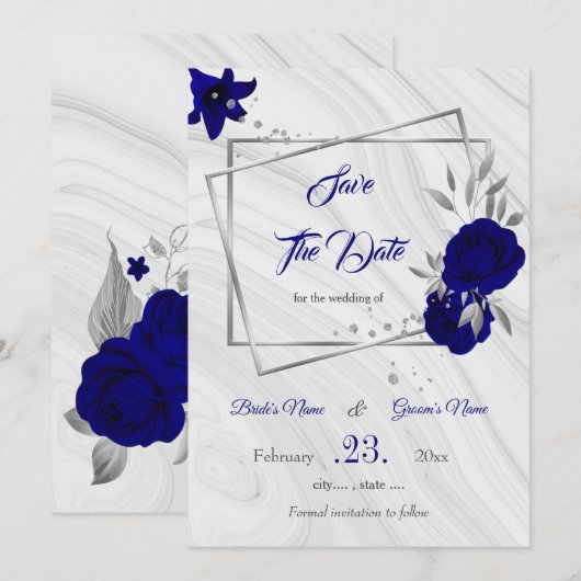 Elegant Royal Blue Silver Grey Geometrisch Save th The Date (Voorkant / Achterkant)