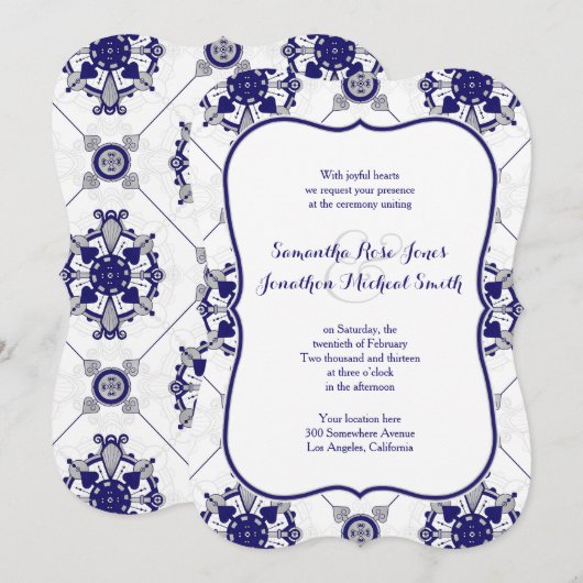 Elegant Royal Blue Silver Medallion Print Wedding Kaart (Voorkant / Achterkant)