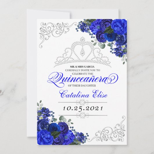 Elegant Royal Blue Silver Quinceanera Birthday Inv Kaart (Voorkant)