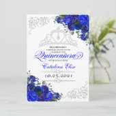 Elegant Royal Blue Silver Quinceanera Birthday Inv Kaart (Staand voorkant)