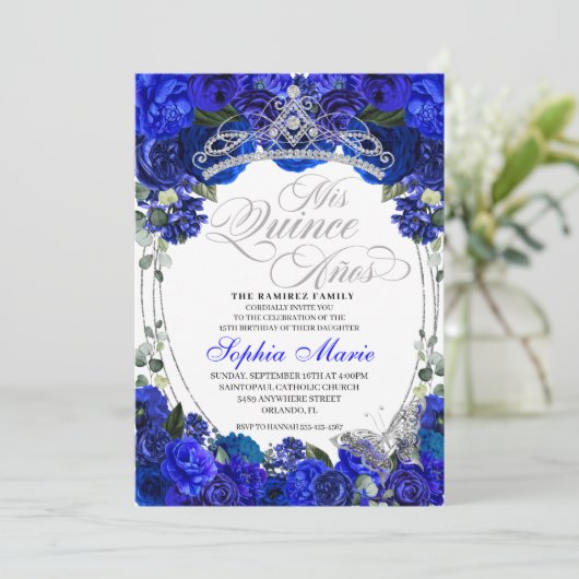 Elegant Royal Blue Silver Quinceanera Birthday Kaart (Staand voorkant)