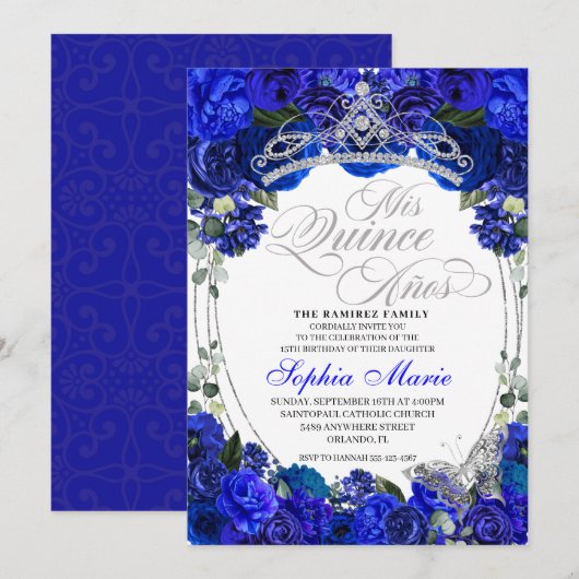 Elegant Royal Blue Silver Quinceanera Birthday Kaart (Voorkant / Achterkant)