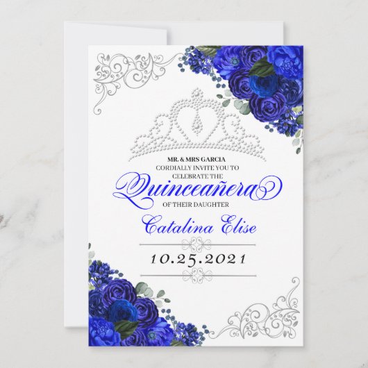 Elegant Royal Blue Silver Quinceanera Birthday Kaart (Voorkant)