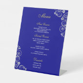 Elegant Royal Blue Silver Script Wedding Menu Reclamebord Met Voetstuk (Voorkant)