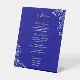 Elegant Royal Blue Silver Script Wedding Menu Reclamebord Met Voetstuk