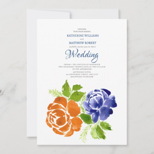 Elegant Royal Blue Sinaasappel Bloemen Zomer Bruil Kaart (Voorkant)