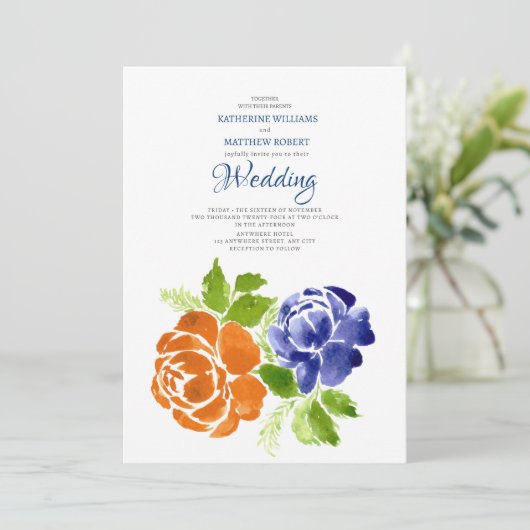 Elegant Royal Blue Sinaasappel Bloemen Zomer Bruil Kaart (Staand voorkant)