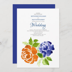 Elegant Royal Blue Sinaasappel Bloemen Zomer Bruil Kaart