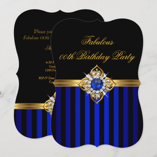 Elegant Royal Blue Stripe Gold Pearl Birthday Kaart (Voorkant / Achterkant)