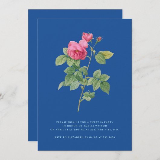 Elegant Royal Blue Sweet 16  Bloemen Kaart (Voorkant / Achterkant)