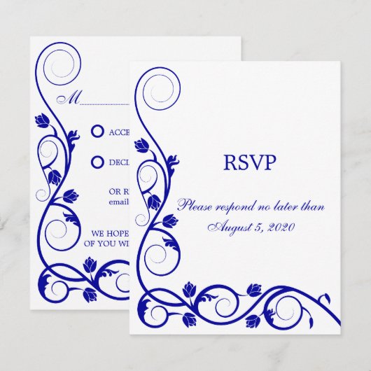 Elegant Royal Blue Swirls RSVP / Reply Kaart (Voorkant / Achterkant)