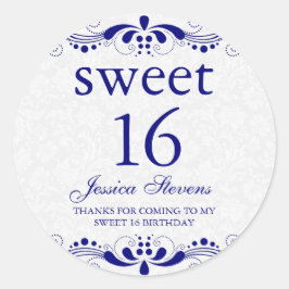Elegant Royal-Blue Tones Floral Lace White Dammask Ronde Sticker