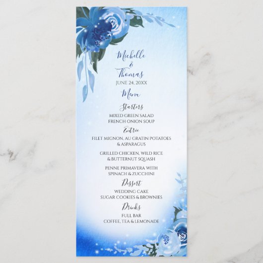 Elegant Royal Blue Waterverf Floral Greenery Menu (Voorkant)