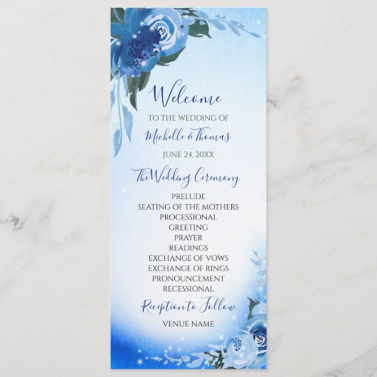 Elegant Royal Blue Waterverf Floral Greenery Programmakaart (Voorkant)
