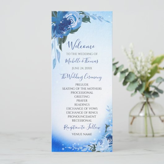 Elegant Royal Blue Waterverf Floral Greenery Programmakaart (Staand voorkant)