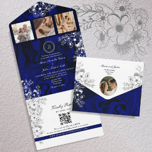 Elegant Royal Blue Wedding All In One Uitnodiging