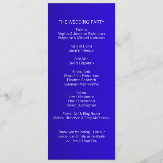 Elegant Royal Blue Wedding Programme Programmakaart (Achterkant)